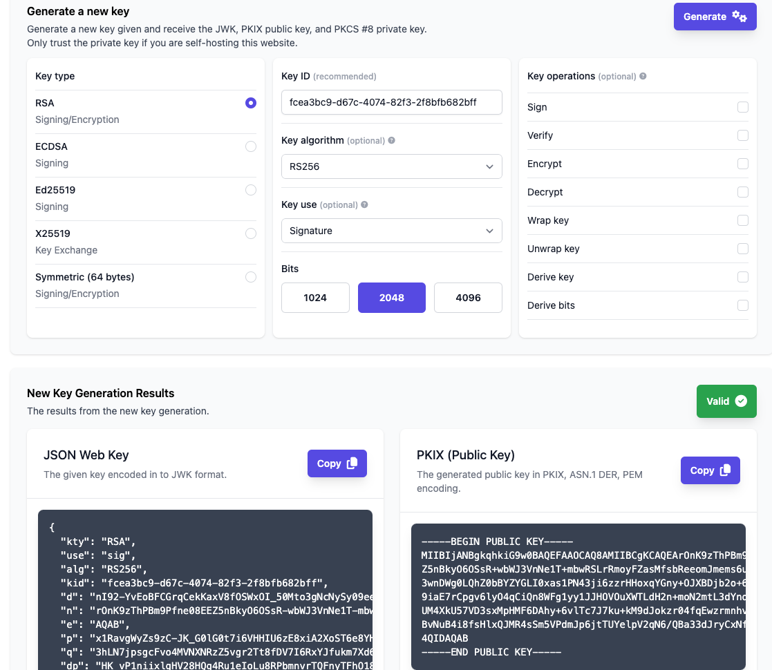 Settings to generate JWK