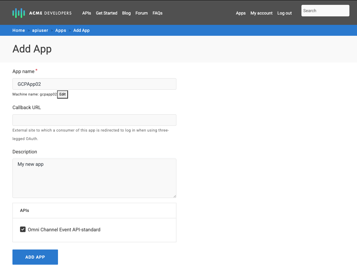Create  an app with access to the Event API Product