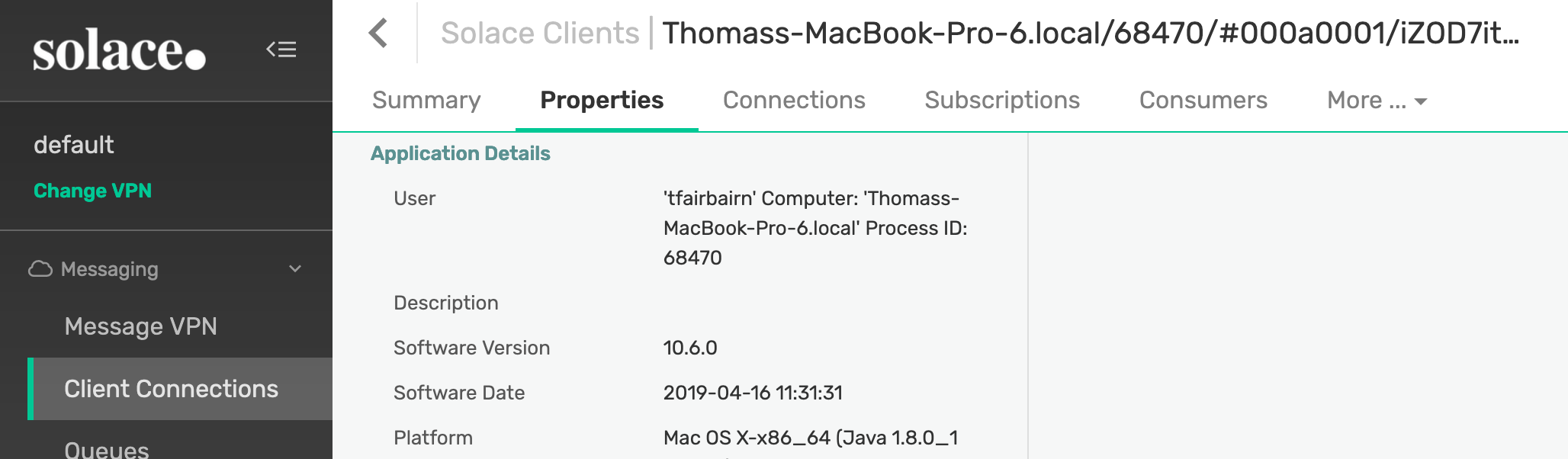 The Client Properties screen has a lot of useful information about the client
